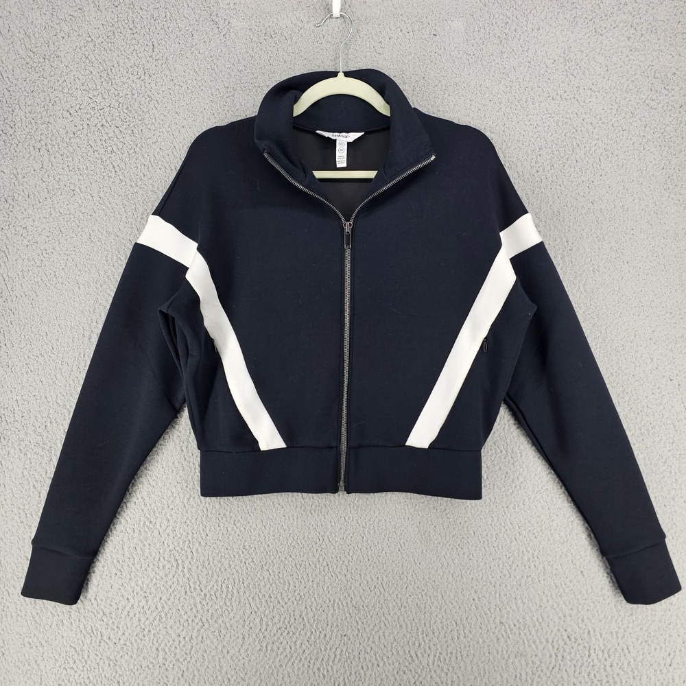 Spanx Track Jacket Womens XS Black White Colorblock Full Zip Cropped 20784R